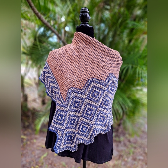 Hand Knit Shawl Blue Brown Beige Hand Dyed Yarn Mosaic Colorwork Soft Warm Cozy - Picture 4 of 16